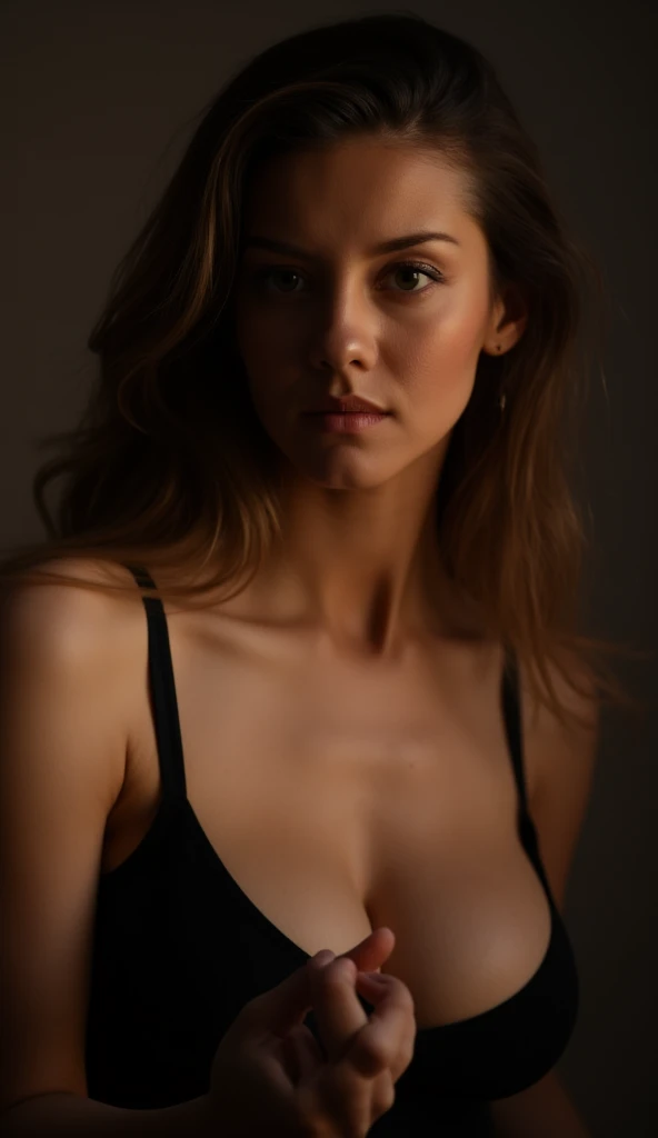 Best quality, masterpiece, ultra high res, (photorealistic:1.4), raw photo, 1girl, waist up, deep shadow, dark theme, cinematic, beautiful girl, beautiful eyes