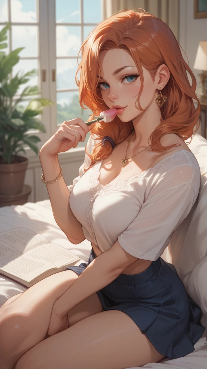 (The photo was taken in a garden outside:2). There is a girl on focus, is drawn with very thick lines. (The girl is sitting in a lawn chair:2), (headshades:1.7), (fullbody:2), (feet resting on table:1.7)

She is with her back to the camera. (breast focus:2), she looks very sexy. She has huge breasts that are hard.

(She is wearing a long white dress:1.6), and her cleavage is very visible, this photo is only focused on her. (She is frailed white panties:1.3), revealing her curves.

She has very wide hips, she is in great shape, her beauty is undeniable. (She has pornographic exposure:2). (She has huge breasts:2).

Her face is drawn very sharply, with every element on the right place. (She has fine eyebrows:1.2). (She has perky lips:1.3). (She is smiling:1.5).

Her outfit is very tight, and she has a huge breasts, massive breasts, detailed, and insanely big.

(She has ginger hair:1.7), (She has straight hair:2), or ginger hair.

Her hands are perfect. The shadows in the photo are soft. The girl is illuminated perfectly. The rest of the photo has a very detailed background. This creates a sense of pleasure and intrigue. The colors are all vibrant and satisfying to look at. The face is very realistic, and she is very detailed as well. She is appealing to look at. The general mood of the photo is sensual and alluring. The girl is the center of attention of the photo, And its beauty is undeniable. The beautiful setting and dramatic colors create a sense of hypnosis and excitement. This photograph is a perfect example of professional cinematic photography. It is well lit, well-proportioned, and the theme is absolutely amazing. It is sure to attract the attention of anyone. You could put a ornaments in her hair.