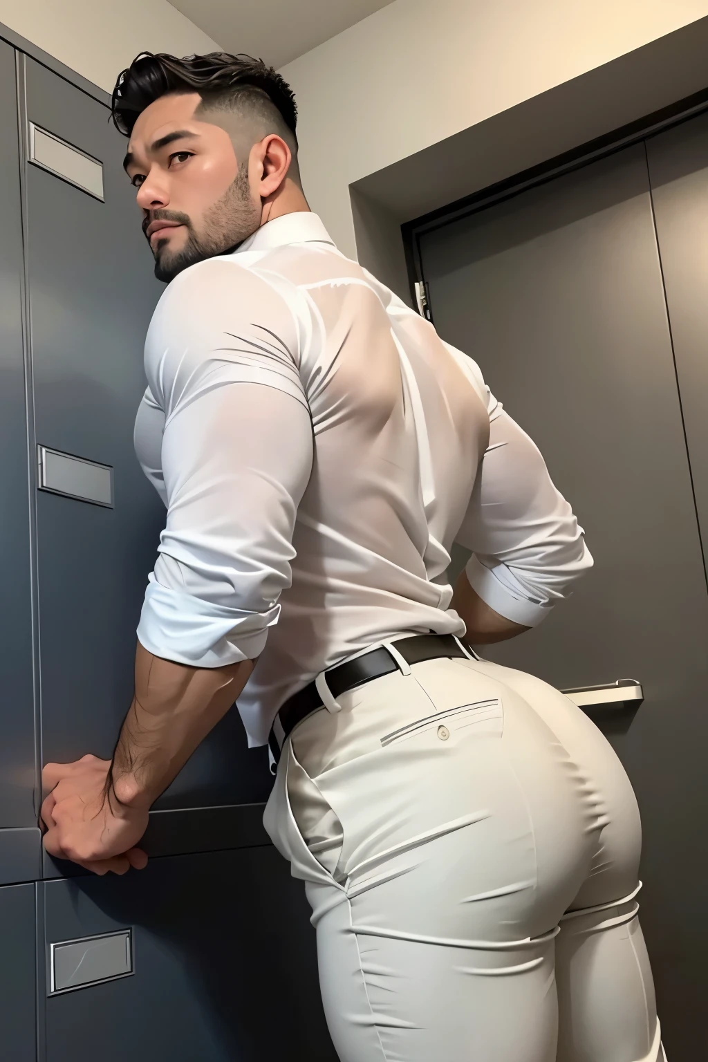 40-year-old boy Japanese muscular male in transparent white formal shirt......... short haired, bearded, wearing ligg shiny grey trouser ...........gooning seductive expression.................... dripping on body and pants...................., arching back............... looking back to the camera. [[ huge big unrealistic butt,]] muscular thigh......................close up on butt........low angle camera looking up at body........... in locker room........
