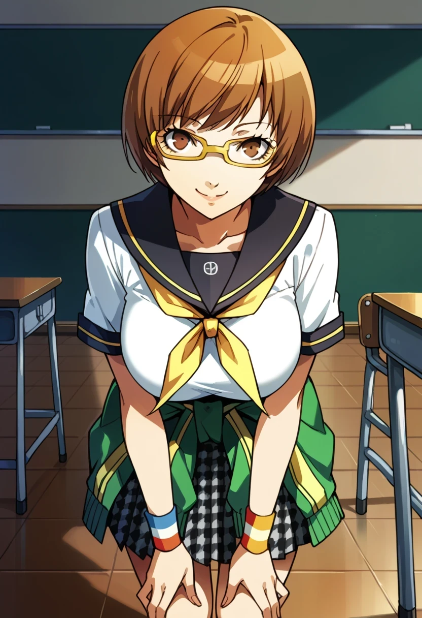 score_9, score_8_up, source_anime
1 girl, solo, cute face,
p4chie, satonaka chie, short hair, brown hair,
p4chie-sumuni, school uniform, serafuku, yasogami school uniform, neckerchief, jacket around waist, pleated skirt, houndstooth skirt, wristbands, multicolor wristbands, glasses, yellow-framed eyewear
classroom, standing, looking at viewer, smile, Leaning forward, Hands on knees, Showcasing cleavage,gigantic breasts