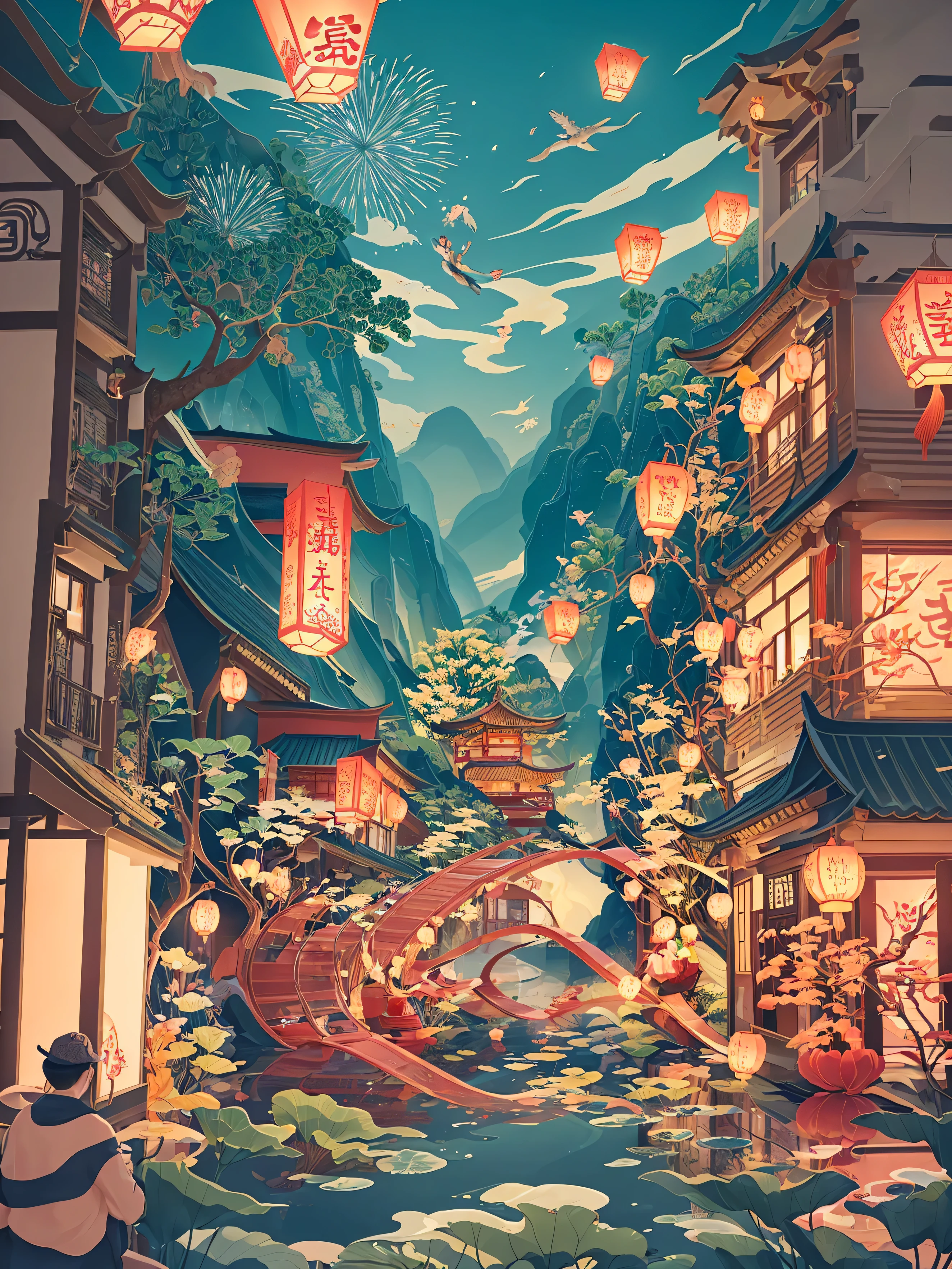 National Chaozhou style illustration , presenting the lively scenes of Liaocheng during the Spring Festival。 the background of the picture is based on the Liaocheng Ancient Canal, the river presents gorgeous gradient colors, sparkling , a cruise ship with national trend style decorations is floating on the river, the hull is painted with snake patterns and traditional auspicious cloud patterns。 an anthropomorphic snake wears a trendy baseball cap, the hats are embroidered with Liaocheng's characteristic intangible cultural heritage logo, wearing Chinese Tang suits with modern trend slogans printed on them "Liaocheng Fudao",Holding a red envelope,flying in the air。shore, people are holding lively folk activities,There are lion dance performances, the hair on the lion is expressed with exaggerated colored lines, there are also children around with national trend style packaging firecrackers, the ancient buildings of Liaocheng in the distance are illuminated by gorgeous fireworks, the outer wall of the building is projected with national trend light and shadow patterns with the theme of the Year of the Snake,, brightly colored ,A blend of traditional and modern elements, creating a strong national trend atmosphere, HD detail