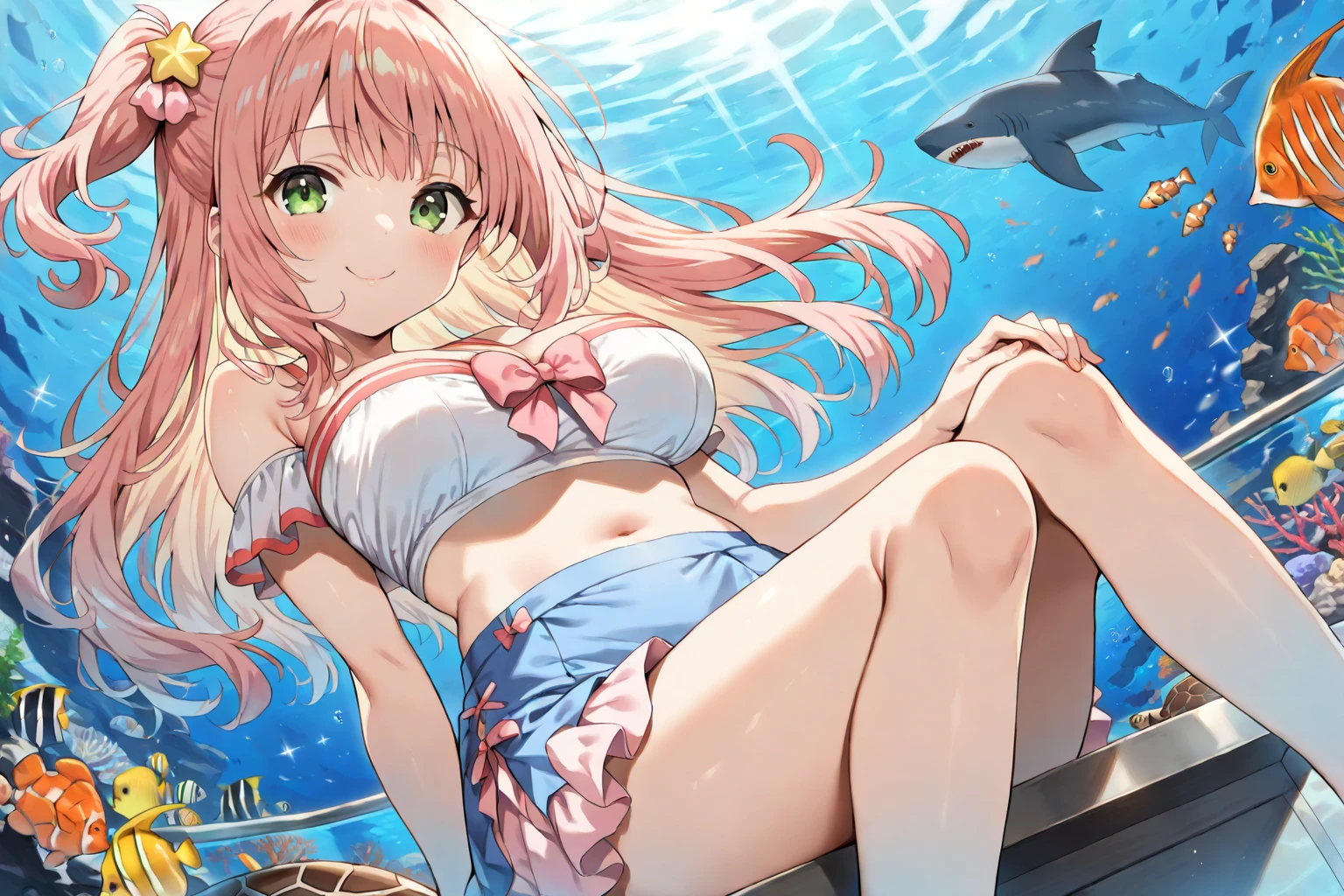 best quality,ultra detailed,extremely detailed and beautiful,perfect anatomy,perfect hands,(Undersea), 1 girl, full body ,(Himemori Luna),(12 years old)+,pink hair,Odd Eyes,right purple eye,left green eye, (long hair), gradient hair,blue hair,(frilled black bikini),(low rise bikini), crown, fetal position ,smile