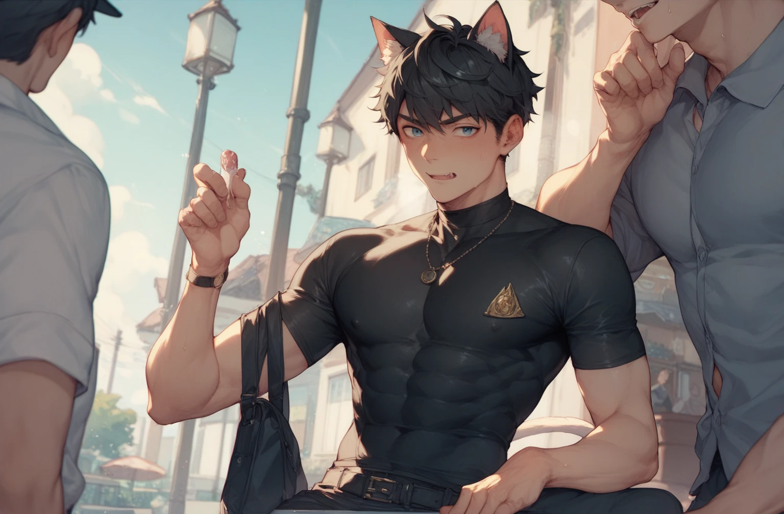 uploaded on e621, by personalami, Michael & Inessa Garmash, Ruan Jia, Pino Daeni, (solo_focus), (male) (furry) anthro, ((upper body)), on street, solo focus, detailed face, detailed eyes, detailed fluffy fur, fluffy tail, long tail, glossy hair, fancy pants, digital painting, cat, collar, half naked, chubby body, circle glasses, tall ears, looking at camera, mouth open, happy expression,
