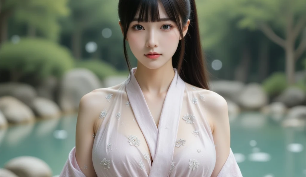 a beautiful young japanese woman, detailed face and eyes, long silky black hair, porcelain skin, elegant expression, detailed intricate kimono, detailed background of traditional japanese garden, cherry blossoms, koi pond, (best quality,8k,highres,masterpiece:1.2),ultra-detailed,(realistic,photorealistic,photo-realistic:1.37),vibrant colors,natural lighting,cinematic composition