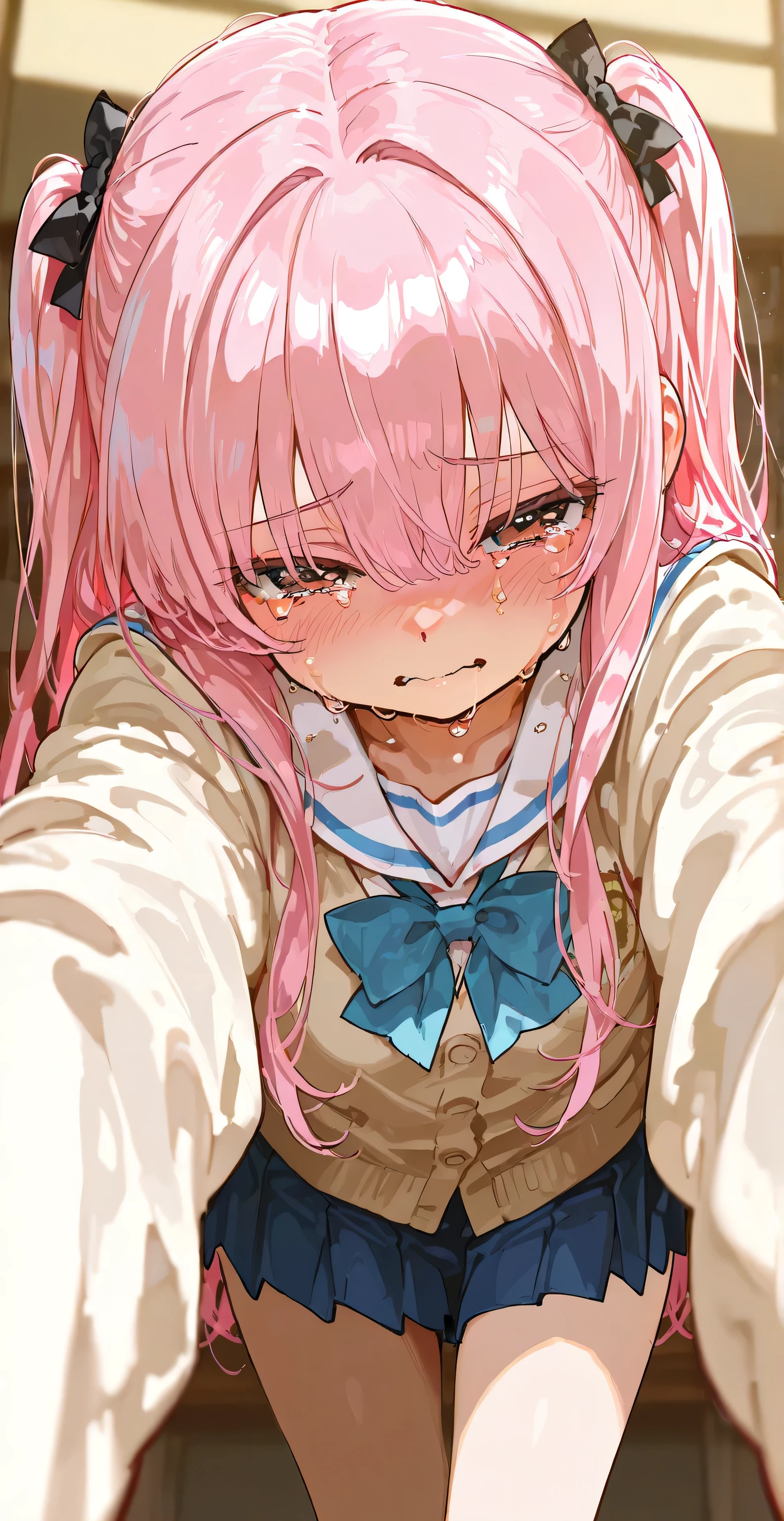 Mesugaki, junior high school girl, leaning forward, ((tear)), pink hair, two side up, long hair, Waiting for a hug, spread her arms, looking at viewer, crying