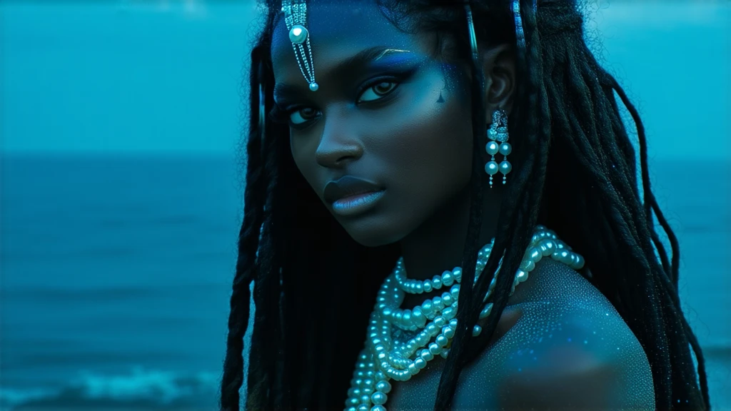 make a picture of a half-human half-siren pirate woman, with dark skin, black hair with some dreads and braids, and fish gills on the neck 