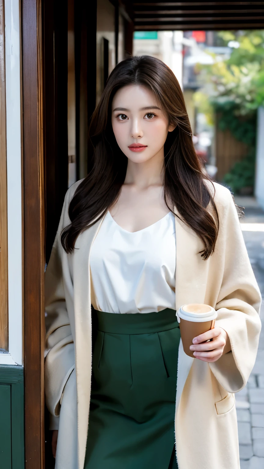 Asian model standing outside rustic café, bathed in warm white light, accentuating porcelain skin. Brown jacket over white blouse, and cascading brown hair framing her face. she holding a coffee cup in her hand, Weathered dark green café doors draped in ivy and red flowers create charming backdrop. Cozy café glow contrasts with cool-toned alleyway in scene of winter in Seoul, where subtle shadows play across the model's features as she stands confidently,