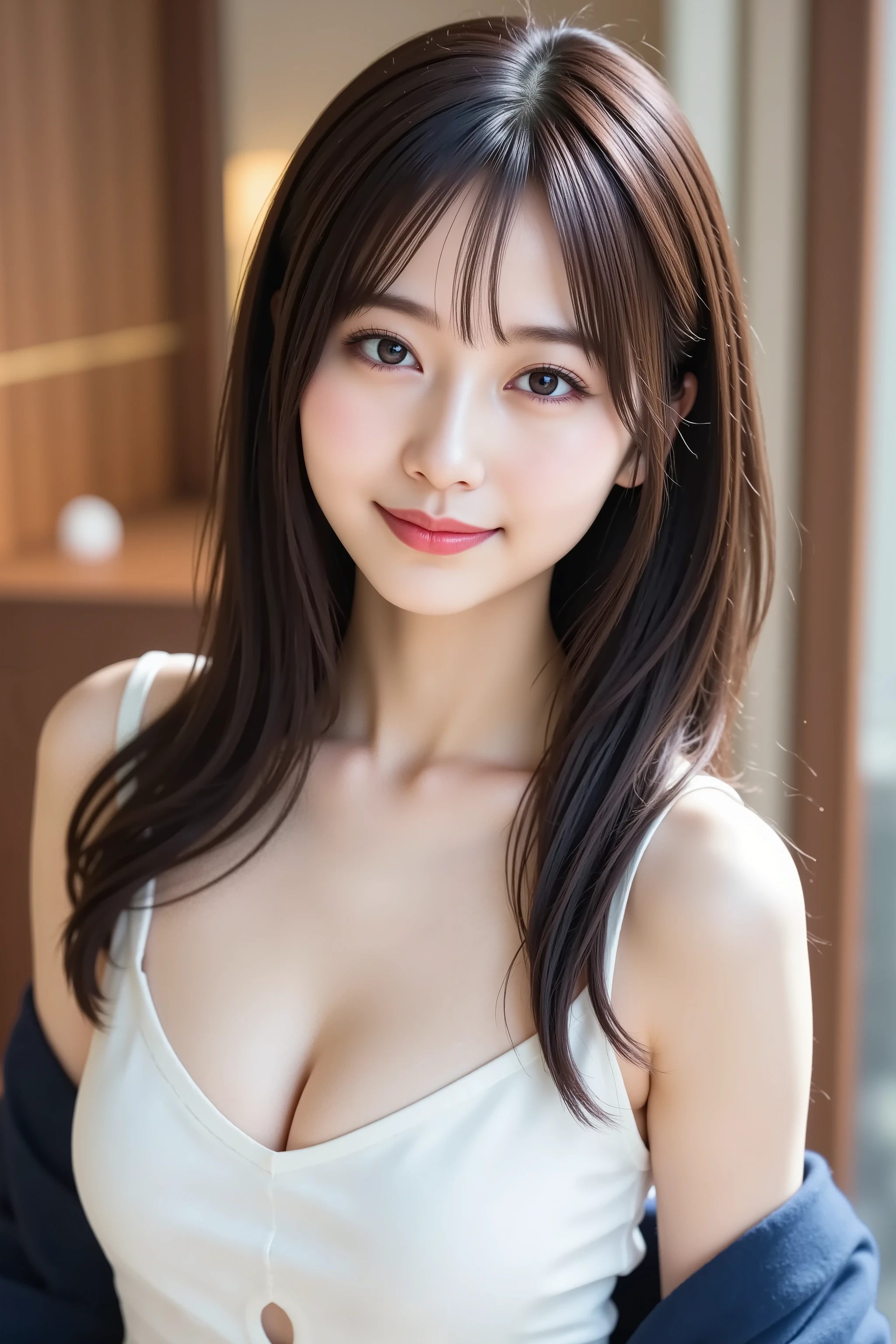 (In 8K、Highest quality、masterpiece:1.2)、(Realistic、Photorealistic:1.37)、Ultra-detailed、1 Girl、cute、alone、(Laughter:1.15)、(((Saggy breasts)))、Huge breasts、Too big、Beautiful and beautiful eyes、adult、Amorous、Gloss、She looks 、