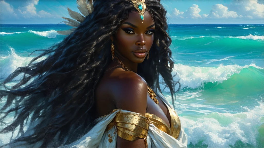 Masterpiece, high quality, A closeup of a beautiful African woman of sculptural body, with long hair on a sculptural body, brown skin, African, athletic body of water, closeup fantasy with water magic, Yemanjá African Orixá, Iemanjá the queen of the sea, Goddess of the Ocean, Goddess of the Sea, Karol Bak UHD, Water Element, Portrait of the Warrior Mermaid, Beautiful Mermaid, Portrait of the Mermaid Queen, Digital Fantasy Art), Digital Art Fantasy Art, African Female Water Elemental