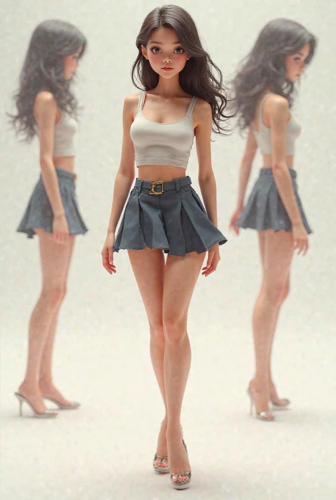 1girl, solo, bull body, see shoes, long hair, sweeping bangs, long legs, thin legs, black mini skirt, white high heels, (exquisite details, extremely delicate beauty, super detailed, highly detailed, extremely detailed eyes and face), background modern street, (8k, best quality, masterpiece, huge_ file size, RAW photo, realistic), collarbone, photography, incredibly ridiculous, smile