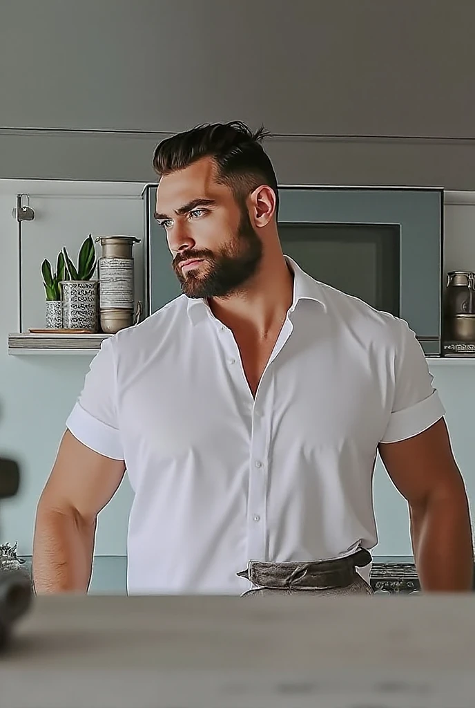 masterpiece, best quality, high resolution, closeup portrait, male focus, solo focus, muscular, burly, hairy, male, (no shirt: 1.2), photo,realistic, detailed background, A handsome man, 45 years old, Shaved head, chef suit, chest showing, beard, body hair, legs open, professional kitchen in the background, bright light, amazing composition, front view, HDR, volumetric lighting, ultra quality, elegant, highly detailed