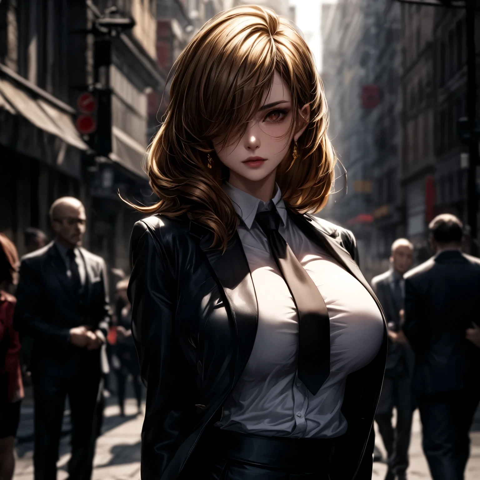 ((best quality)), ((Masterpiece)), ((Enrich the picture,Masterpiece level quality)), golden hair, high ponytail, very big breasts, golden eyes, fierce woman, ultra eyes details, mafia boss, street fasion, best quality, RAW 4K, Realistically, ( cinematic lighting, moody, textile shading), perfect proportions, ultra detailed, volumetric lighting, soft lighting, glossy skin, beautiful face, Special face details, strong emotions, elegant gesture, Detailed facial features, Long eyelashes, contrast, Incredible atmosphere, Fascinating setting, Haunting beauty , mini white shirt , mafia suit , necktie , mini black skirt, sunglass,