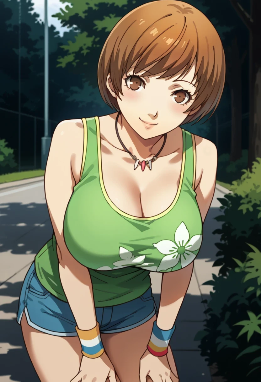 score_9, score_8_up, source_anime
1 girl, solo, cute face,
p4chie, satonaka chie, short hair, brown hair,
p4chie-sumcas, jewelry, necklace, tank top, green tank top, floral print, bare shoulders, collarbone, wristbands, multicolor wristbands, short shorts, blue shorts,
outdoors, park,looking at viewer,
masterpiece, best quality, ultra detailed,Leaning forward, Hands on knees, Showcasing cleavage,gigantic breasts,smile,embressed,shy,blush