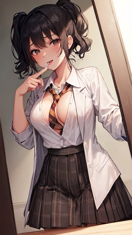Nishikino maki, Purple eyes, slightly big breasts, bangs,white shirt, short black shorts, dark brown pantyhose, necktie,  standing, dark room lightened by candlelight, detailed navel, midriff, (sweating:1.2), (sweat drops on her abdomen:1.2), pov from below, viewer hands grabbing her hips