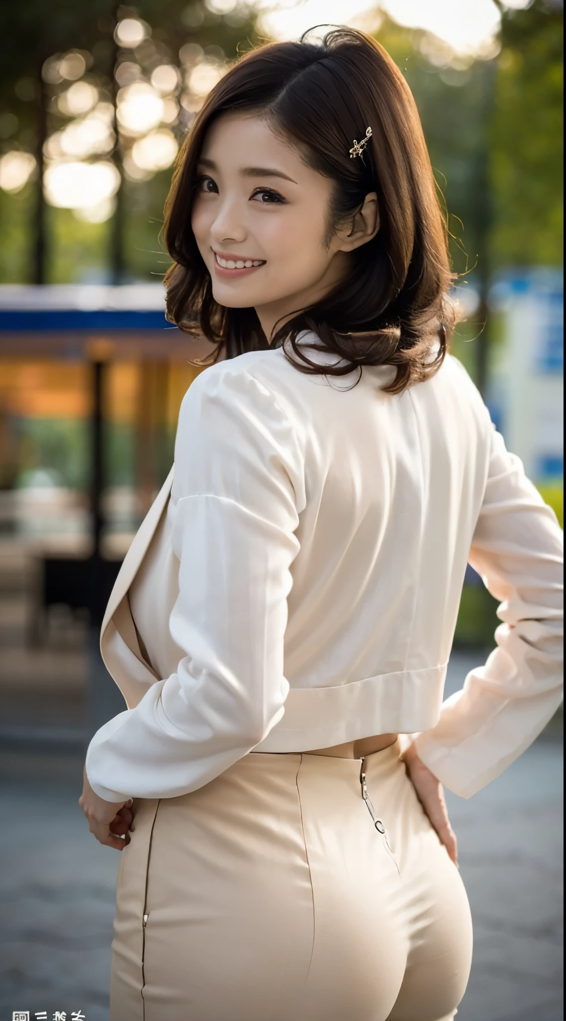 (masterpiece:1.2), (In 8K、ultra high resolution with oil、Ultra-fine、Ultra HD、超realisticな、Best Quality), (realistic - photo ), high-definition RAW color photo showing the volcano, professional photo, Natural sunlight, Soft Shadows, (realistic:1.2), 30歳の women play 、1 person, women play 、1 personだけいる, women play 、 with your back turned, women play 、looking back, women play 、butt, (high definition face and skin texture, beautiful eyes, shiny skin, oily skin, Strong gloss), Big Eyes : 1.2, perfect anatomy, poster quality, volume lighting, charming face, (Makeup is、none), women play 、is smiling, (Staring at Viewers), glares at viewers, detailed eyes, beautiful eyes, dark eyes, ( shining eyes), 黒色Eyelashes, long、Eyelashes, Detailed eyelashes, black hair, long hair per person, (とてもlong髪), detailed hair , beautiful hair, (Wear a hair ornament on your head), hair accessories, detailed hair , beautiful hair, anatomically accurate neck, natural short neck, Natural neck, (What is the exposure of the skin、none:1.2), tight waist, 巨尻のBig hips回り, Clock-shaped body type , (wide hips), (Show me your protruding 、Big hips), (pants style), (下半身のWhat is the exposure of the skin、none:1.2), Trouser panty line, long stretched legs, Long legs、Thick Thighs, Irish Linen Fabric Clothes, White Long Jacket, White Suit, White slacks