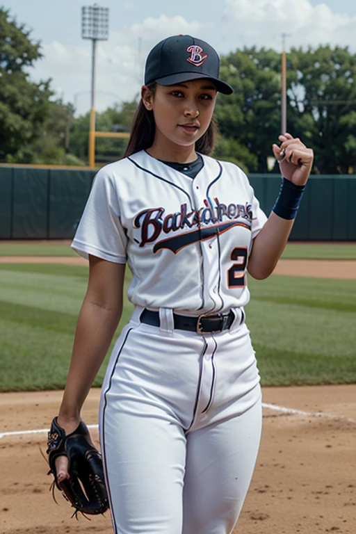 Jessica Alba, 1girl, full body, masterpiece, best quality, 8k, detailed skin texture, athletic muscular physique, visible prominent veins, wearing tight Dodgers uniform, beautiful detailed face, intricate details, ultra detailed, a beautiful girl, brown eyes, brunette hair in a ponytail, 3D character, holding baseball bat