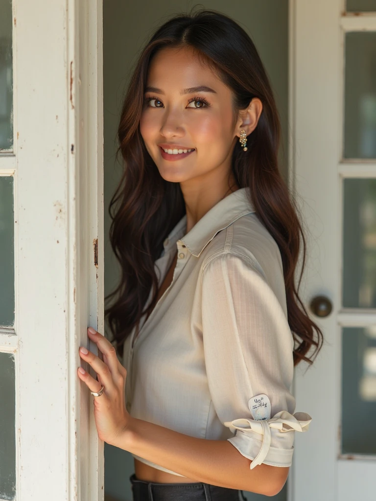 Kristin Kreuk is a young woman of average height, with about 1,63 meters (5 feet 4 inches) Tall. She has a slender and graceful constitution. Lana has long hair, smooth and dark brown, often seen cascading over their shoulders or tied into a ponytail. Your eyes are big, expressive and brown, conveying a blend of sweetness, curiosity and, Sometimes, suru. Your face is delicate and well proportioned, with high cheekbones, clear skin and a charming smile that lights up your face and reveals an intrinsic kindness. She is usually seen wearing casual and feminine clothing., like simple blouses, jeans, skirts and dresses, reflecting her practical yet graceful style.