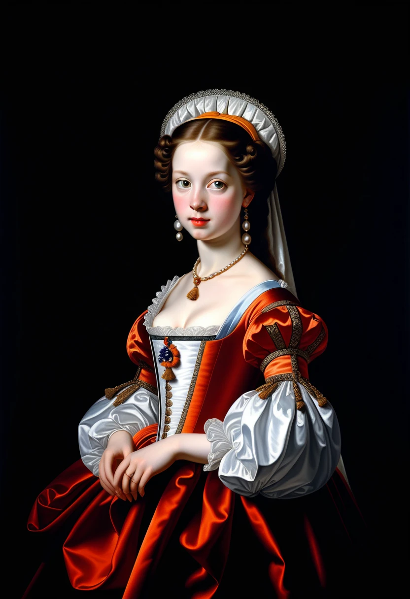 a beautiful girl, detailed realistic portrait, 17th century style, Nicolaes Maes details, best quality, masterpiece, realistic, extreme details, Nicolaes Maes style, photorealistic, high resolution, cinematic lighting, intricate details, delicate skin texture, elegant dress, chiaroscuro lighting, classic composition, warm color palette, oil painting, studio lighting, vivid colors