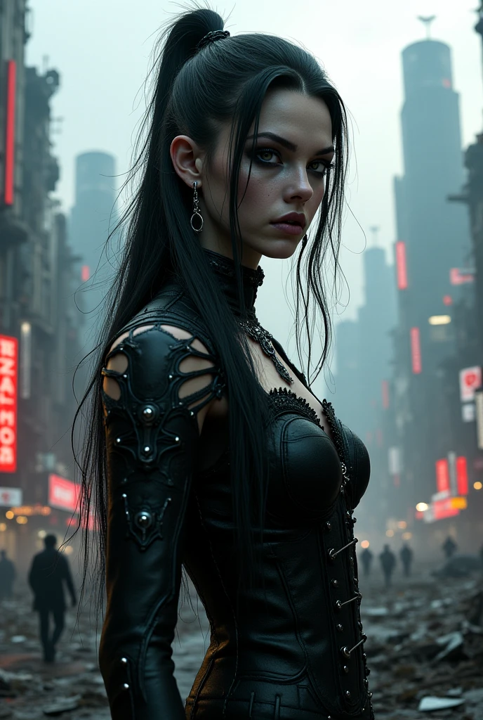 Chronicles of Riddick Necromonger woman, heavy goth makeup, dark chiaroscuro Babylonian city background, photorealistic dark concept art, Gothic Babylonian maiden, angry gorgeous gothic cyberpunk , dark fantasy science fiction, hyperdetailed fantasy character, fantasy concept art portrait, portrait of a female Necromonger, stefan gesell, cyberpunk horror style, dark fantasy character design, 4k concept art and hyper realism