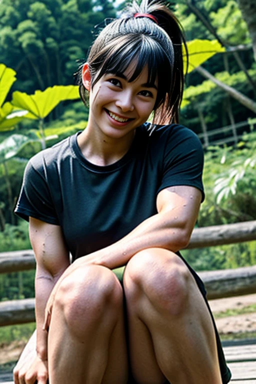 Very muscular sweaty muddy asian queen in a jungle making her servant lick her muddy feet shes also beating the servent and she is fat