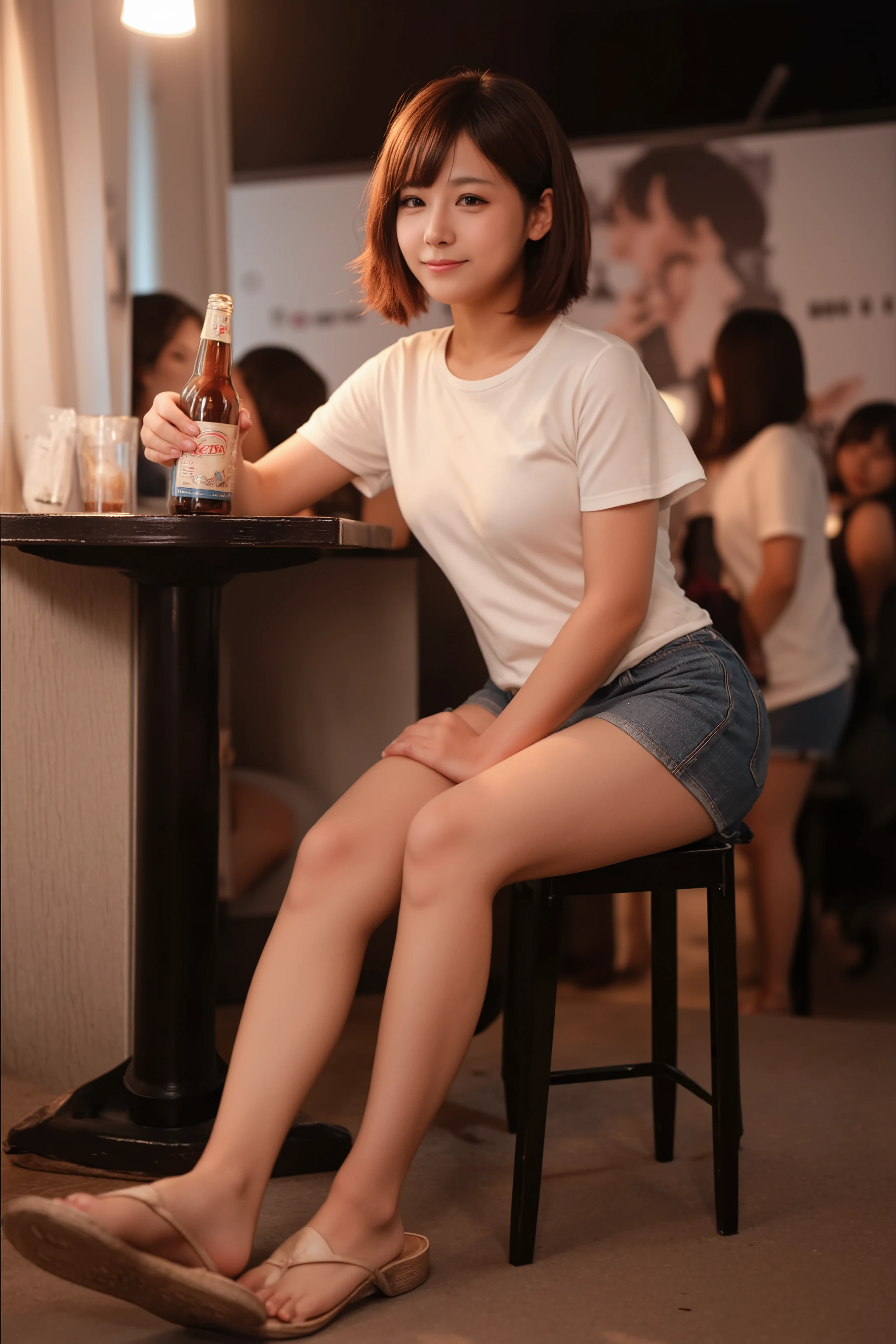 A photorealistic image of a Japanese gal sitting on a chair in a busy bar at night, holding a bottle of beer on the table while winking and smiling at the camera. She has healthy, tanned skin, short hair with golden highlights, and is dressed in a fitted mini T-shirt, denim shorts, and sandals. The bar is lively with dim lighting, and people are visible in the background, creating a vibrant atmosphere