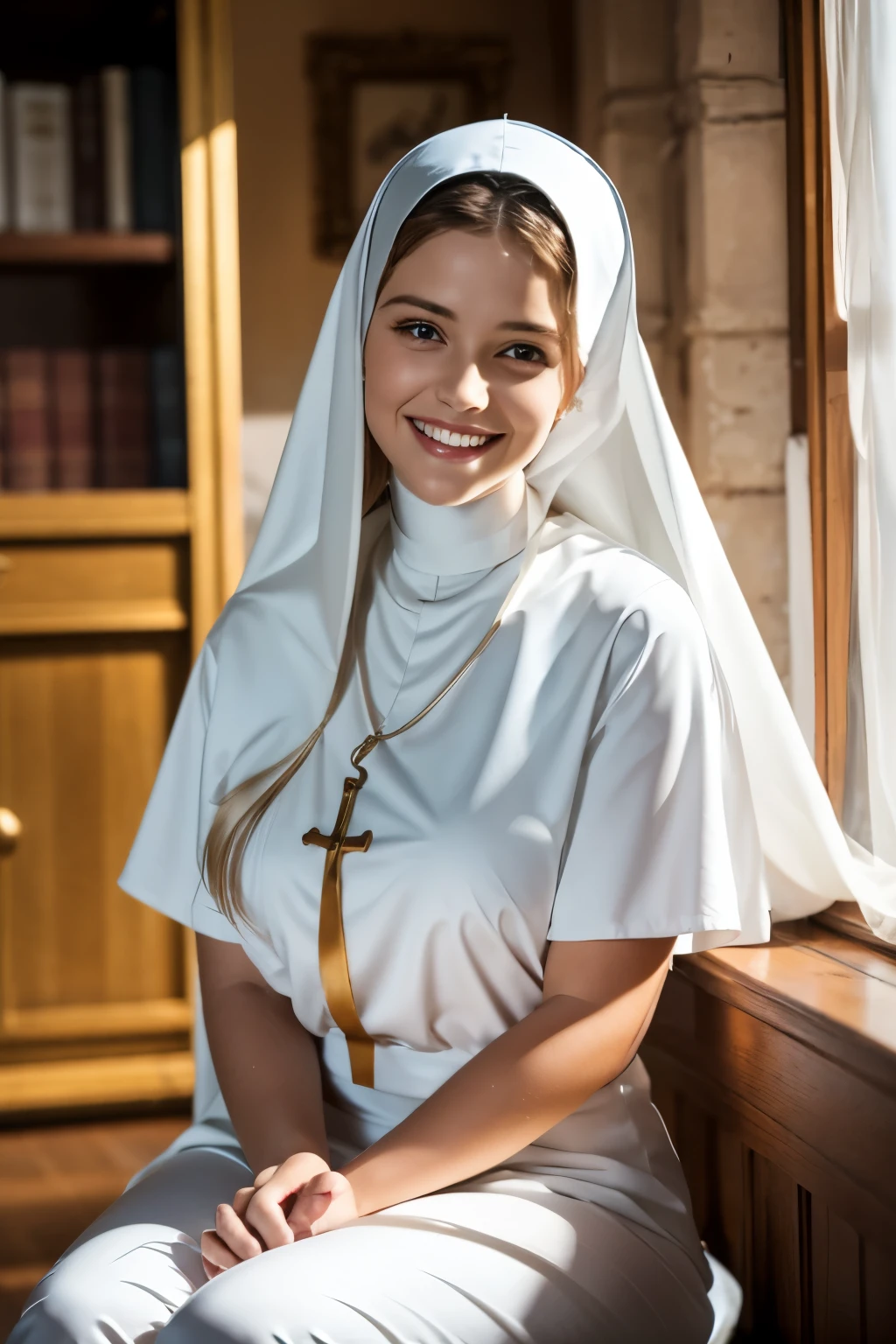 Young Catholic novice dressed in white with her head covered in the front smiling innocently sitting in her convent room