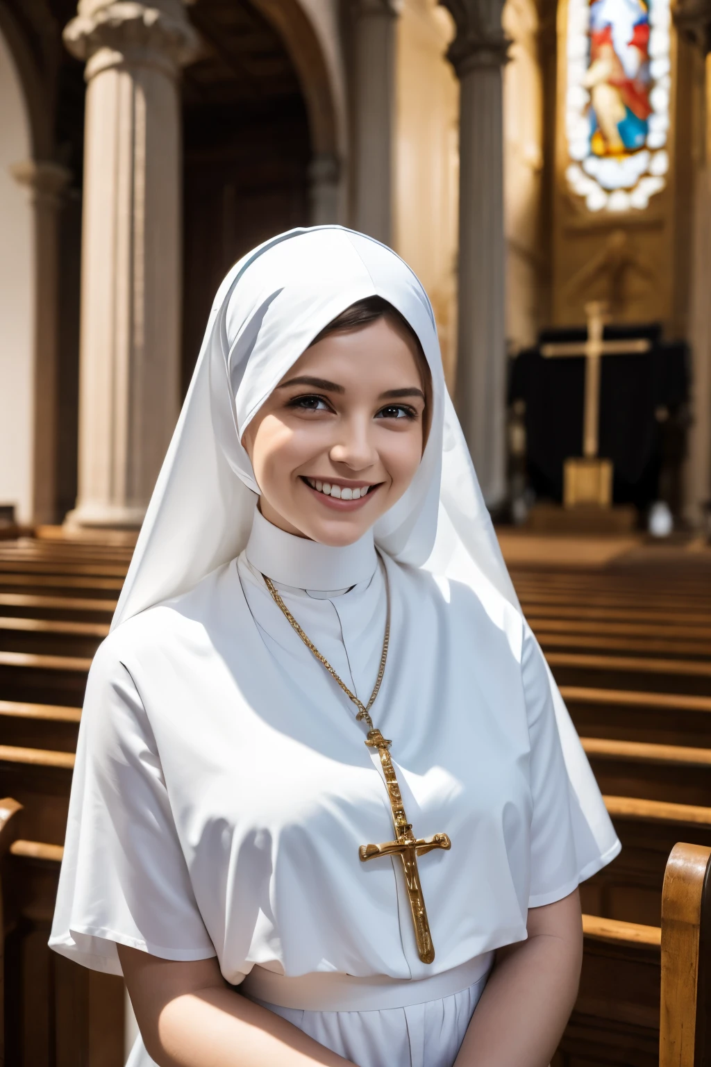 Young Catholic novice dressed in white with her head covered in the front smiling innocently at church next to the priest with an air of desire