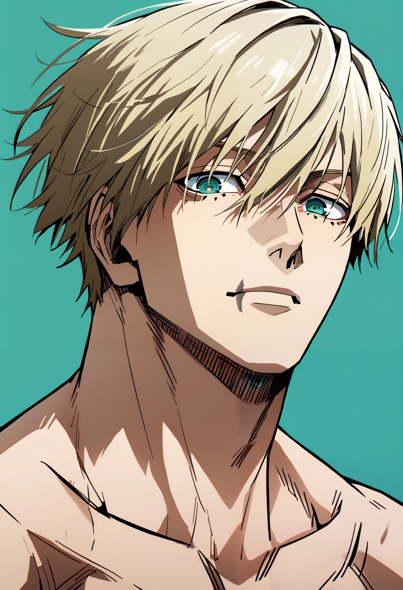 1man, blonde hair, hair between eyes, keen eyes, simple background, teal eyes, (detailed eyes:1.2), toned body, rin_itoshi, looking at viewer,