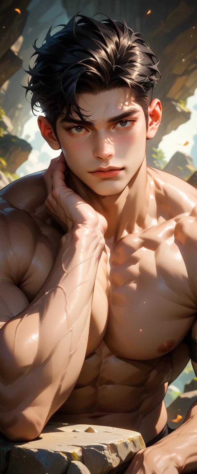 Japanese male model, 4k images, Portrait, adult, handsome, perfect face detail, detailed eyes and face, clean shaved, sixpack realistic, white eyebrow hair, white eyelashes, dynamic lighting, unreal engine 5, hd picture, satoru gojo, white hair, short hair ,hair between eyes ,blue eyes, white skin