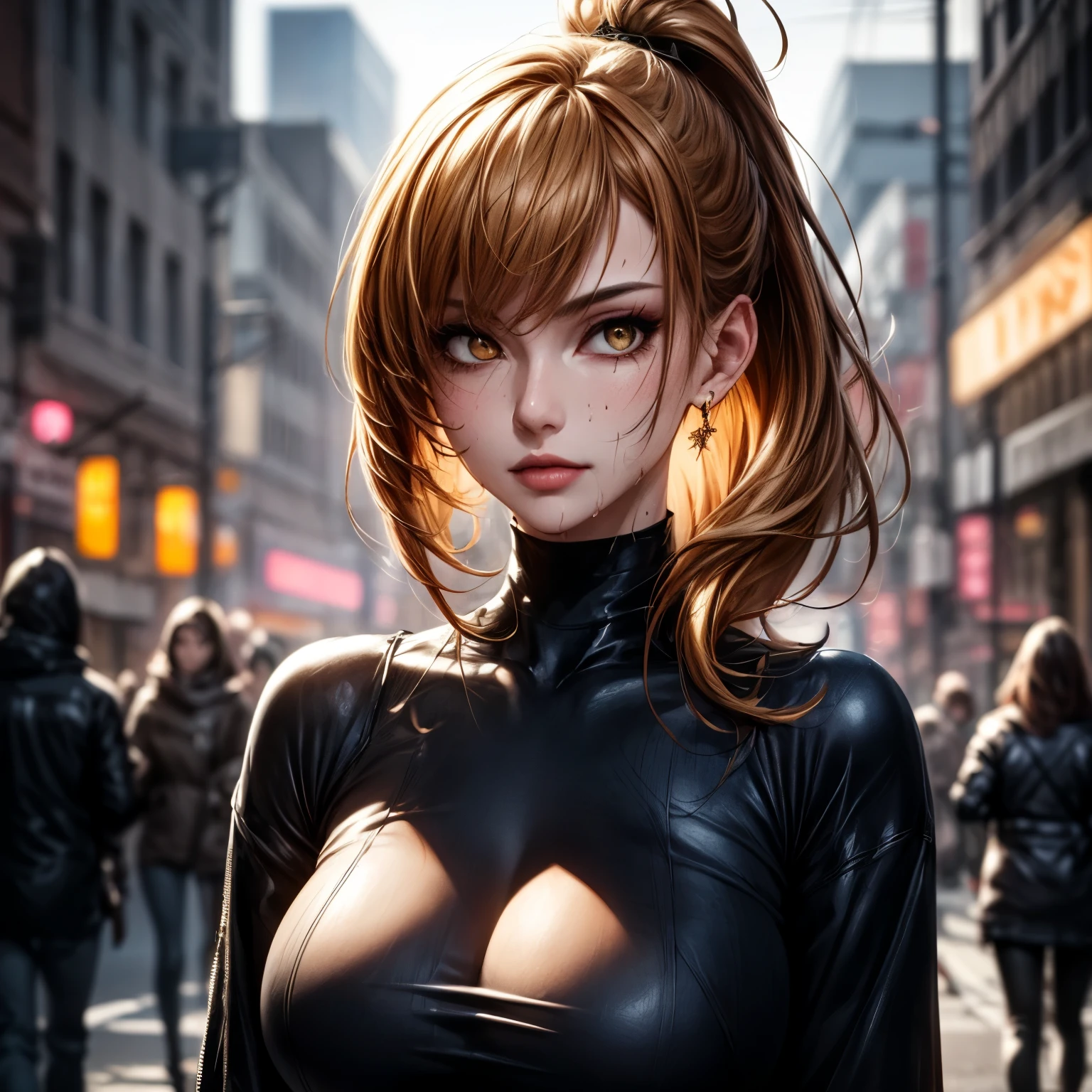 1girl:1.5, masterpiece,(in the middle of the city:1.5), raw color, 8k, illustrator, masterpiece, high quality, 8k, high resolution, high detailed, midriff, high quality, (very detailed cg unity 8k wallpaper),best qualtiy,cinematic lighting, ultra - detailed,masterpiece,), (cleavage:1), (bodypress turtleneck dress:1.5), (big breast), depth of field, front view, smirk smile, detail face, armpit, full body, (highheels), (hollow chest:1.5)