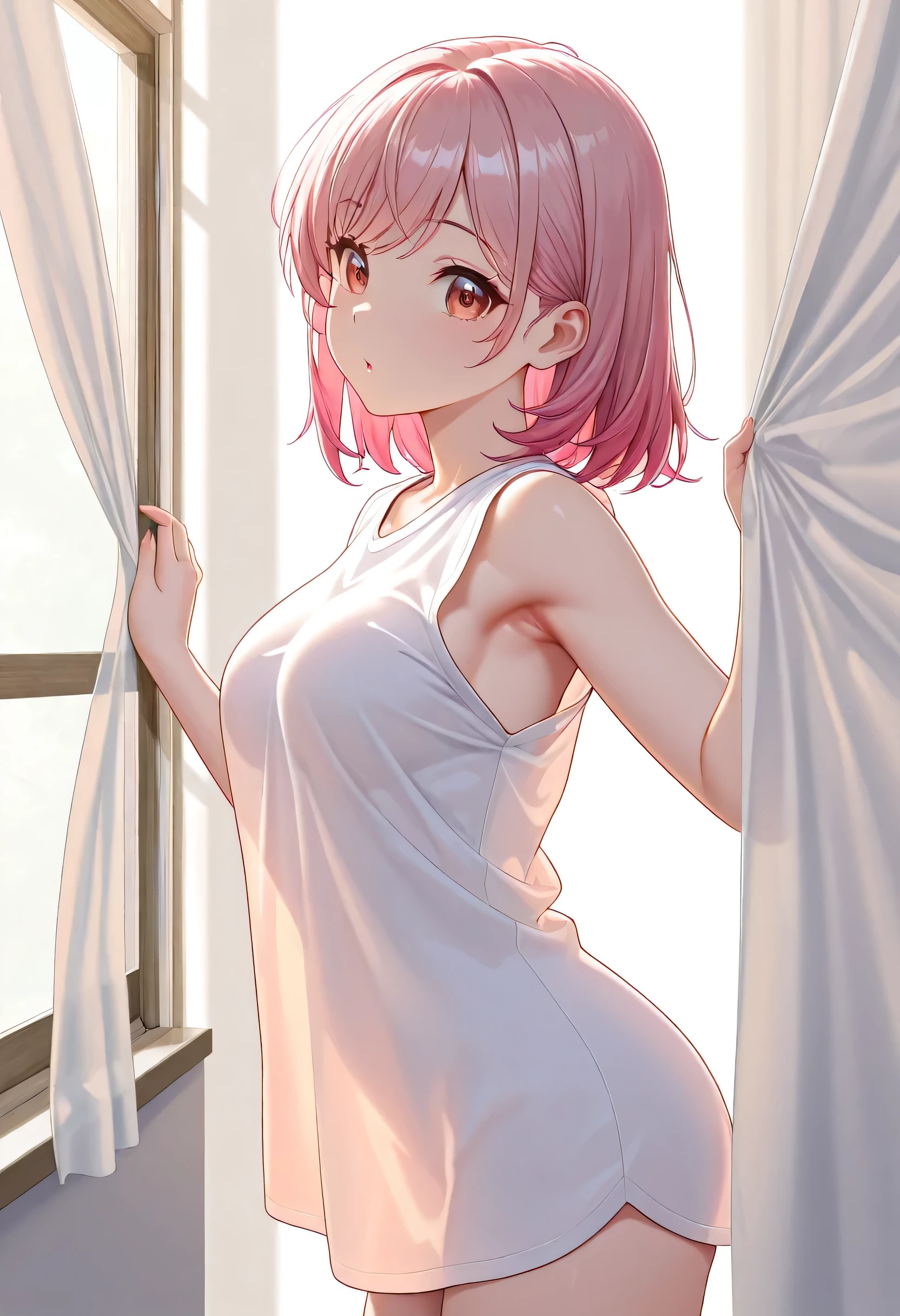((masterpiece,Highest quality:1.3,best quality illustration)),cowboy shot,1woman,16-year-old Japan beauty,((very small head:1.2)),short bob hair,bangs,(pink hair),brown eyes,gorgeous eyes,shy,medium breasts,((very long body)),(White T-shirt、Grey micro shorts),(toned body,slender body,skinny),gleaming skin,shiny skin,oily skin,standing,Simple bedroom、simple hotel、Tokyo