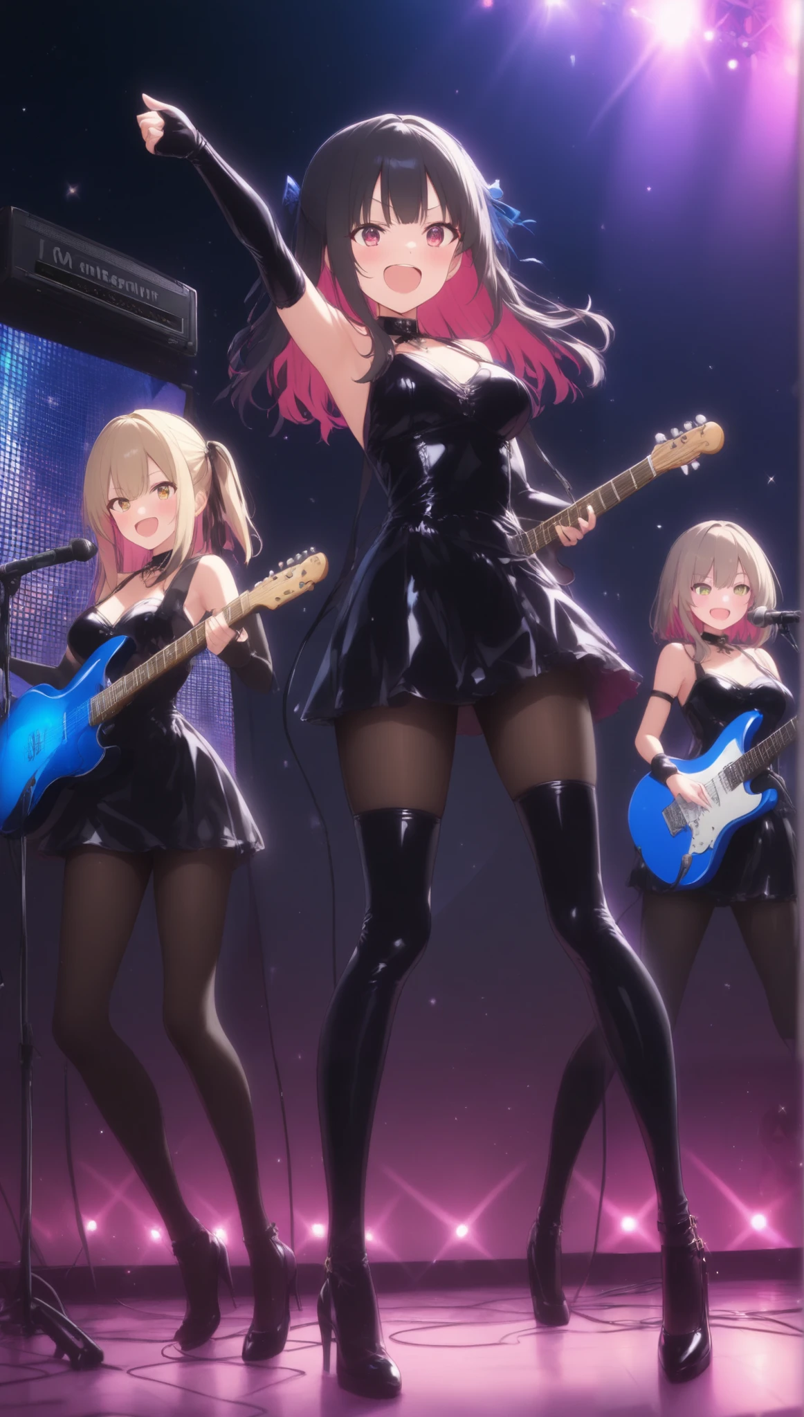 A crazy group of 3 tall girls in sexy latex dress
Each participant has her own instrument( guitar、 synthesizer 、 бас guitar)
Each character has a unique hairstyle and costume( Bright costumes 、Anime style)
, organization, live stage performance
The lighting and effects are great
Energetic and fun atmosphere
Expression, conveys the joy of music
Use bright and colorful colors
Colors to match each character's costume