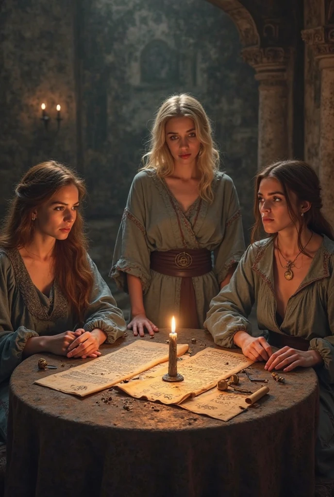 a detailed fantasy scene of three young girls exploring an ancient, mysterious house, extremely detailed eyes and faces, beautiful detailed lips, longeyelashes, highly realistic, photorealistic, 8k, masterpiece, studio lighting, vivid colors, dramatic lighting, ornate architecture, dusty textures, cobweb-covered walls, mysterious atmosphere, sense of discovery, warm light from candles, glowing magical artifacts, capture the essence of this magical and mysterious encounter. Your drawing will be fundamental for the creation of a unique publication, which combines the gothic atmosphere and the charm of the supernatural. Remember to add evocative details, such as candle flames dancing in the dark, shadows moving ominously along the rock walls, . Highlight the aura of mystery and emotion that this forbidden encounter evokes.