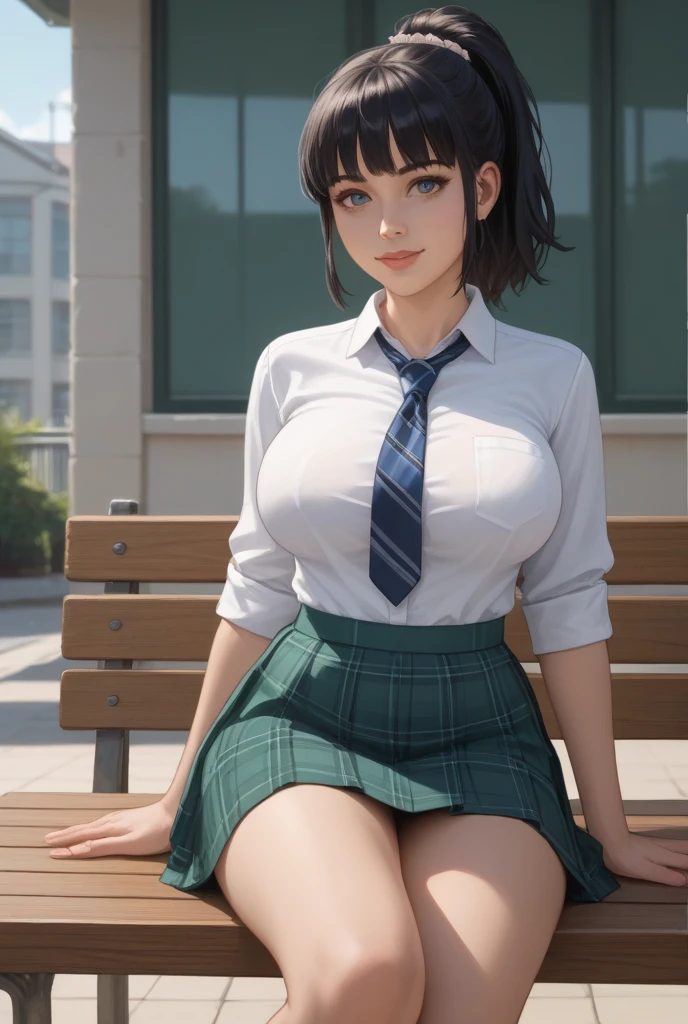 Anime style, Painting, absurderes、perfect anatomia、Bulma、bra very、Bra visible from clothes、Braline、breastsout、short hair, Classroom、cleavage of the breast、clavicle、desk、From above、big breasts, on desk, pleatedskirt, School Desk, student clothes, see -through, The shirt, sitting on, Sitting on a desk, skirt by the, solo, thighs thighs thighs thighs, red blush, ssmile