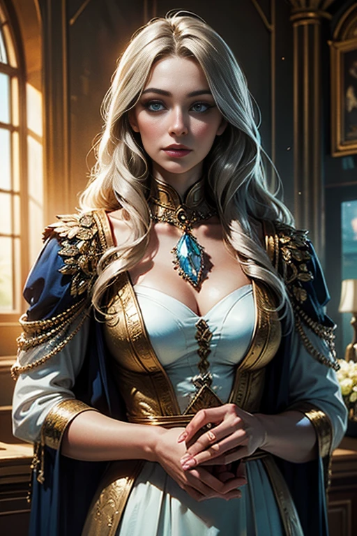 (masterpiece, best quality:1.3)
<lora:epi_noiseoffset2:1> <lora:add_detail:0.7> <lora:WowJaina:0.8>
WowJaina, 1girl, solo, long hair, breasts, blonde hair, large breasts, dress, cleavage, braid, white hair, belt, indoors, cape, lips, fur trim, window, single braid, hair over shoulder, desk, blue cape
