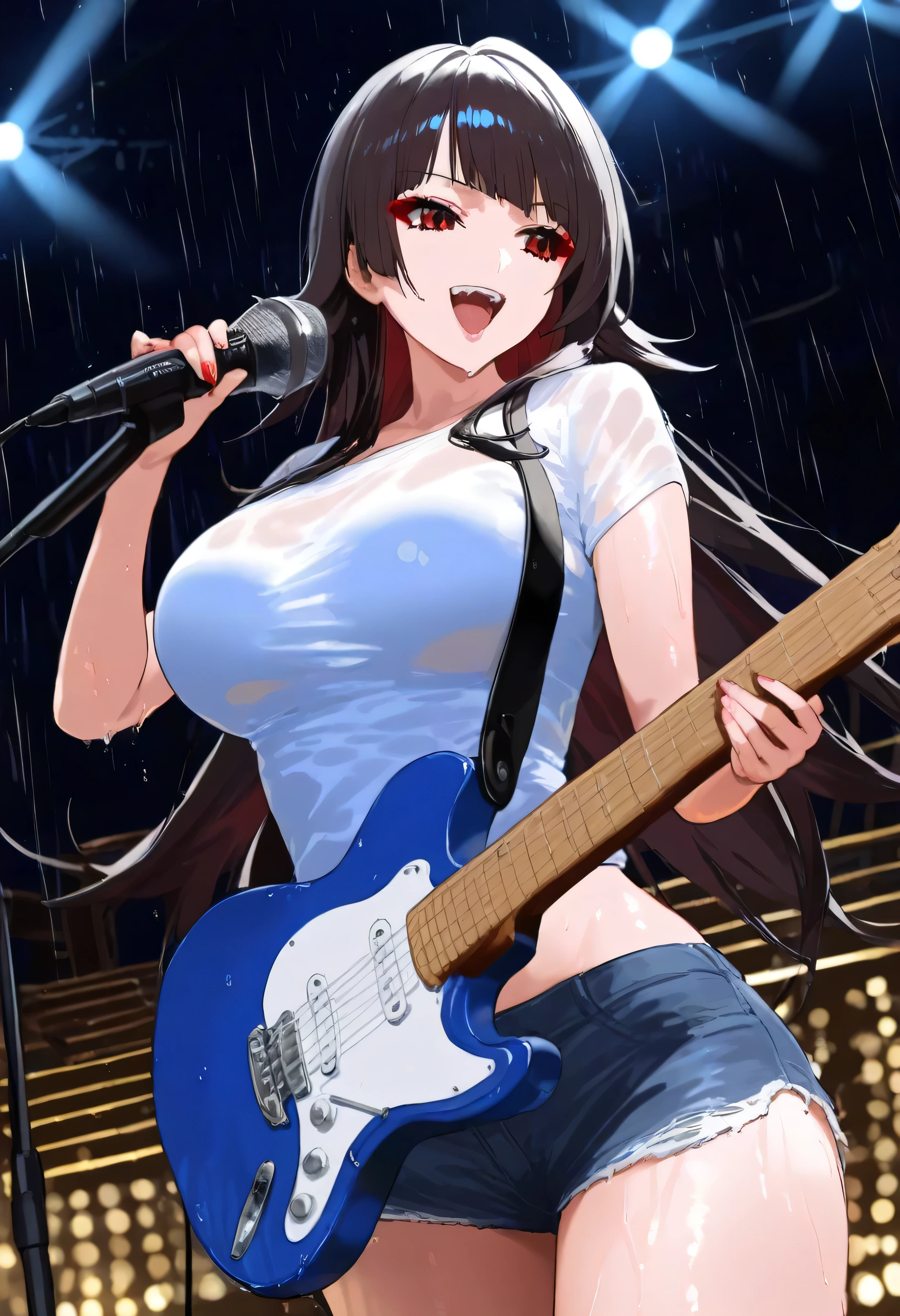 illustration , best quality , dramatic lighting , masterpiece , best quality , ultra-detailed , photorealistic depiction of rock concert . The character sings and playing guitar , on concert stage , her pose is dramatic and expressive , with a big smile and confident red eyes . a good looking and alluring woman with long flowy black hair, layered hair styled with revealing her forehead in parted bangs,eyeshadow, perfect body, big breast, as she wears a wet t-shirts and shorts, singing to her audience . she sings while the rain is pouring, wetting her clothes and skin making the scene dramatic, (cowboy shot), (super sharp focus)