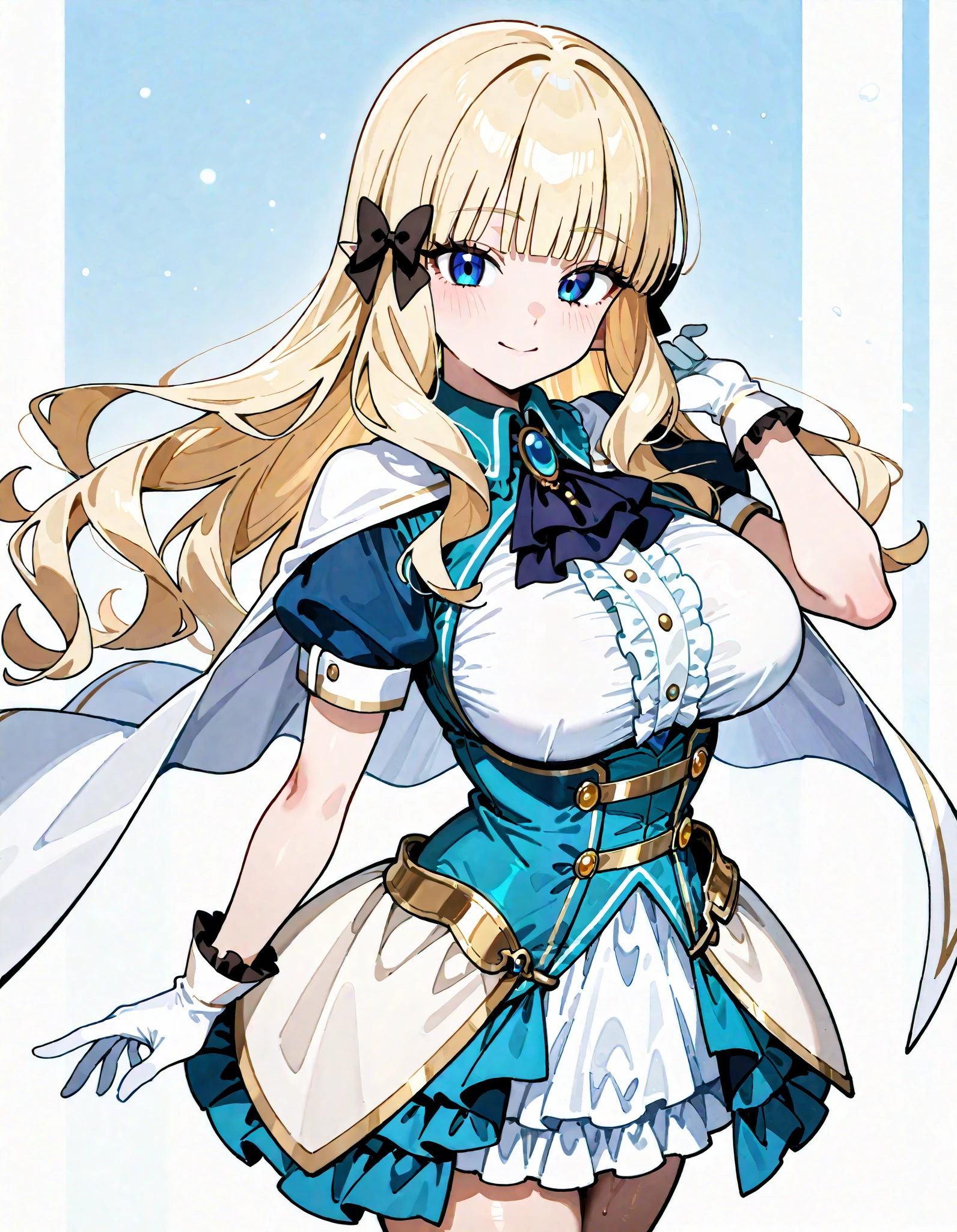 Saren Blonde Blue Eyes Beautiful Girl Long Hair Big Breasts Pointed Ears White Cape Aqua Dress Ascot Brooch Short Sleeve White Gloves Nice Buddy Black Bow Hair Bow Ruffle Skirt White Skirt Underbust