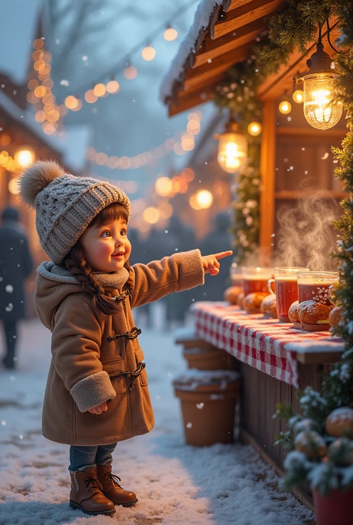 A cute girl wandering through a bustling Christmas market, her eyes wide with wonder. Stalls overflow with holiday treats and handcrafted gifts, and the air is filled with the scents of cinnamon and pine. Strings of lights twinkle overhead, and the sound of festive music and laughter creates a warm, joyful atmosphere, embodying the spirit of Christmas.