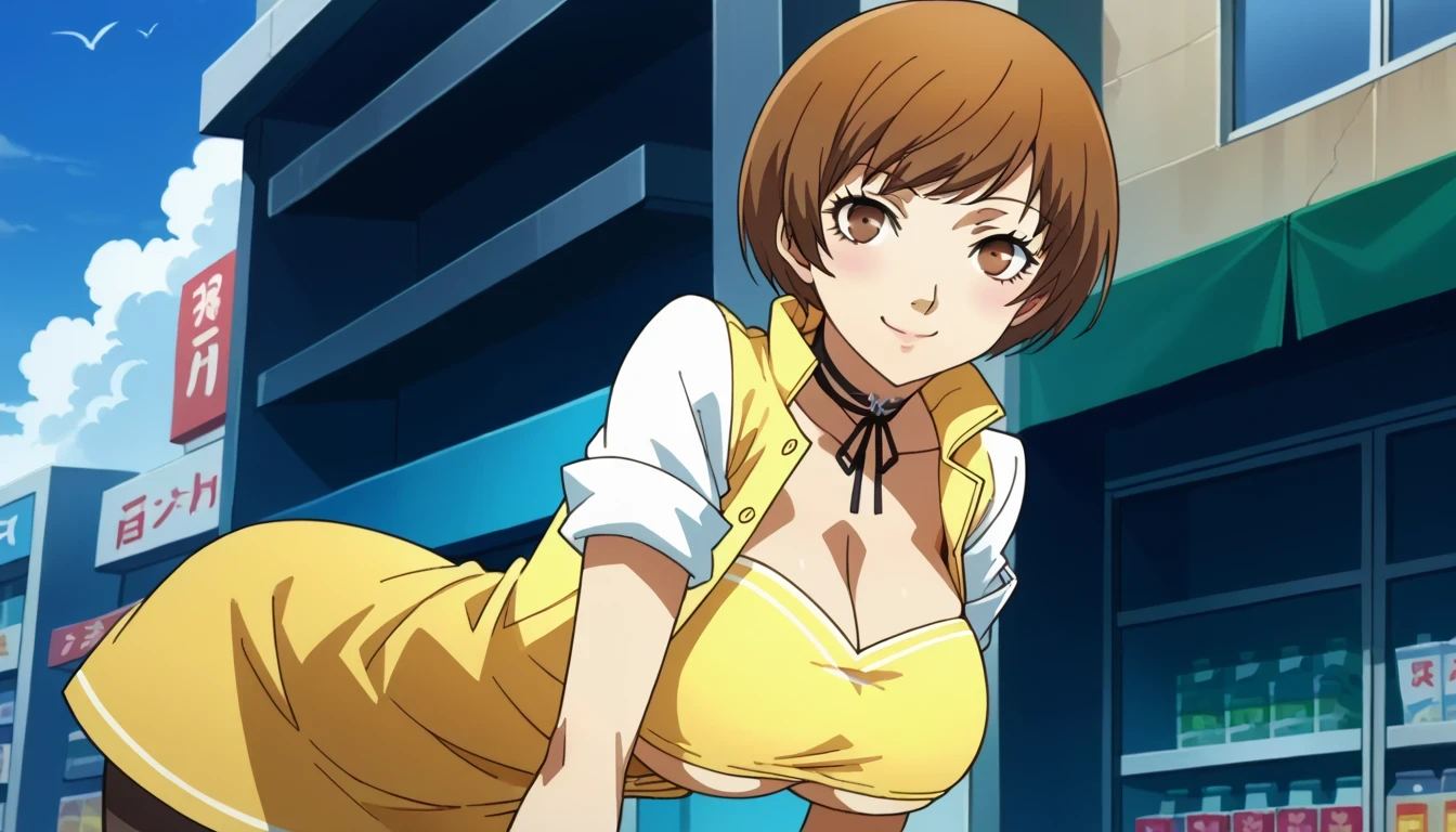 （（super high quality,Ultra-high resolution,16K,super masterpiece,Ultra HD ,Detailed shading,））A dimly lit park at night,Sexy woman,Cleavage,Yellow jumpsuit,White belt at waist,popped Tight collar,smile,blush,Sweaty,holding a microphone in his hand,Licking the microphone,A small amount of drooling,Love juice overflows from the crotch,