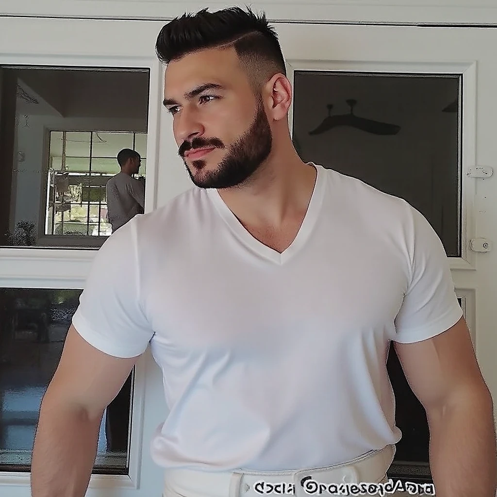 Very muscular Italian man in chef clothes with bare breasts touching his chest