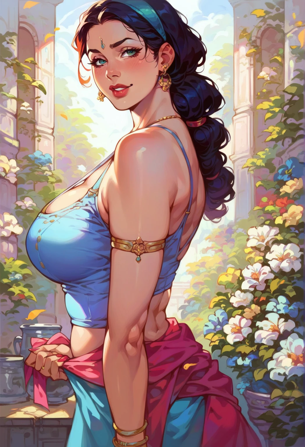 (highres, realistic:1.37), group of girls, beautiful detailed eyes, beautiful detailed lips, longeyelashes, curvy figure, busty, slim waist, confident smile, elegant pose, vibrant colors, by norman lindsay, bokeh, oil painting style, soft lighting, romantic setting, blooming flowers, diaphanous flowing dress, graceful movement, delicate features, alluring gaze, sexually alluring, torpedo tits