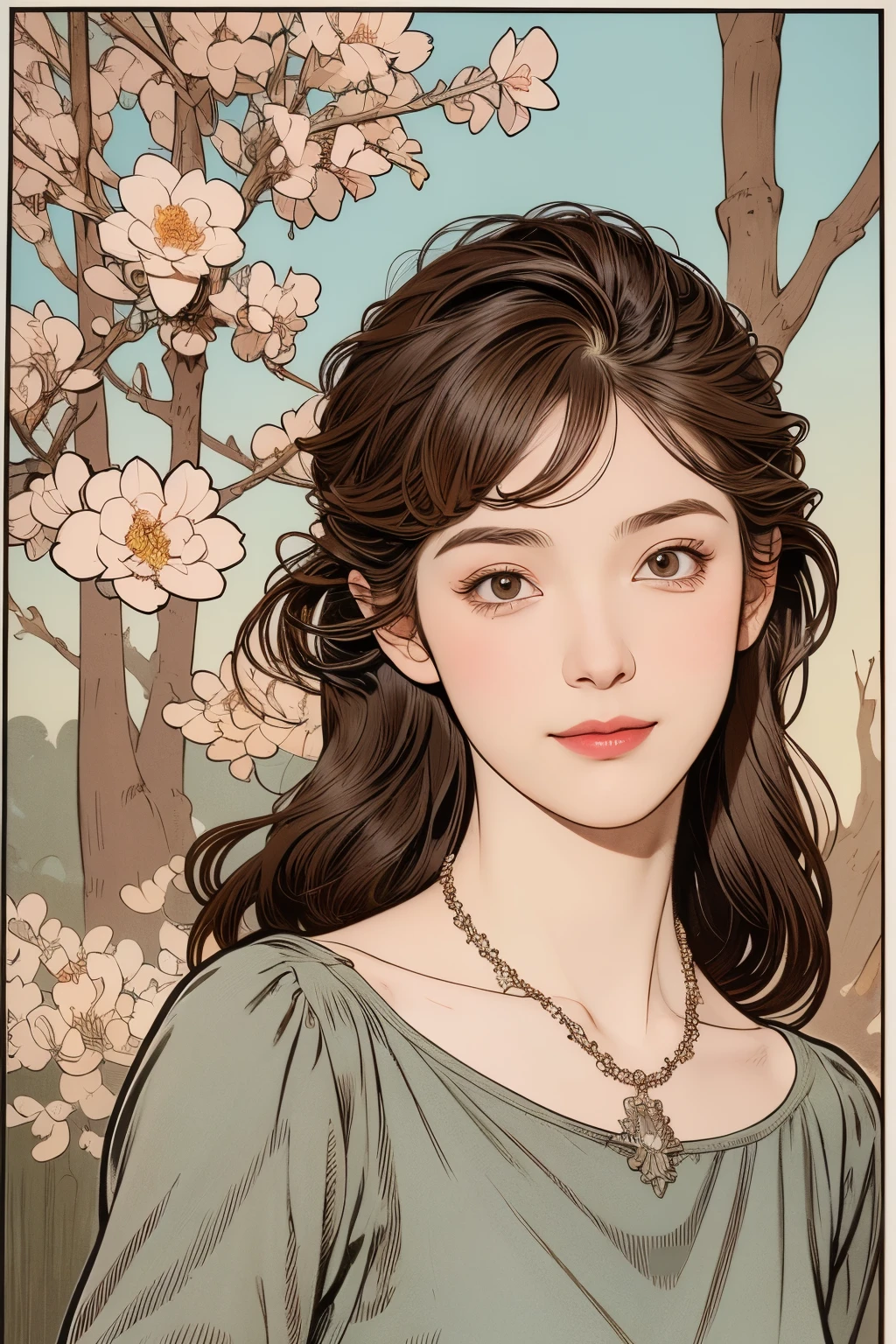 (delicate oil painting of a beautiful woman), rough touch, (small smile with a calm, gentle and bright expression), ((silver grey brown almost straight medium long hair!!)), ((close up)), shiny skin, glossy lips, ((casual pastel winter outfit)), (winter knitted sweater), (smart figure), small necklace, soft winter sunlight, small spring flowers of various colours, young leaves on a tree, impressive portrait, use of contour lines, clean line drawing, fine and intricate details, bright primary colours used partially as accents, fine and intricate details, (Alphonse Mucha composition style), muted colours, impressionist style, Art Nouveau frame,