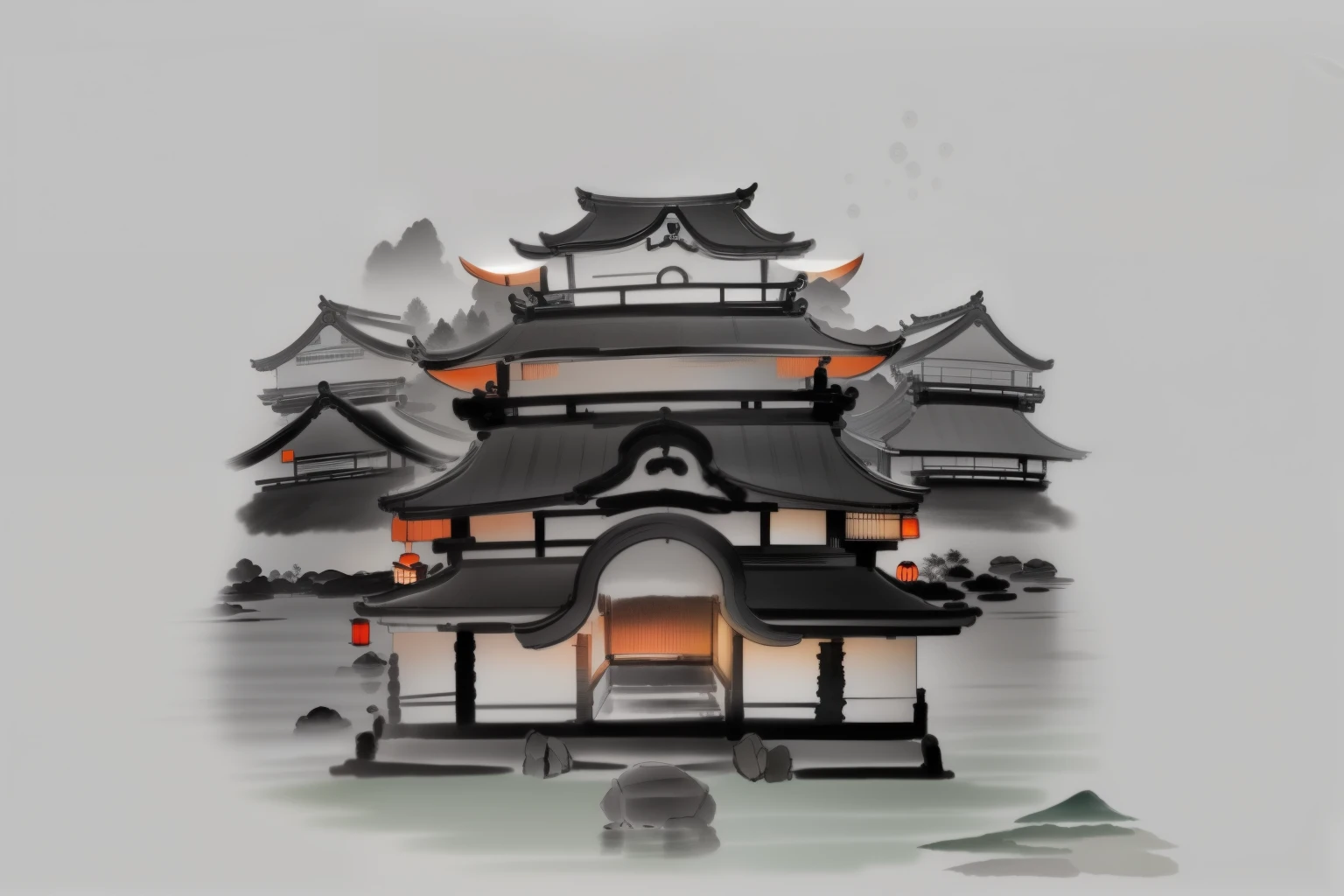 best quality, Japanese style, beautiful night scene, ryokan, lanterns, small pond nearby, ink painting style, outline light, atmosphere, depth of field, bamboo, pine trees, Japanese garden, flowing water, big full moon, (no color), B&W