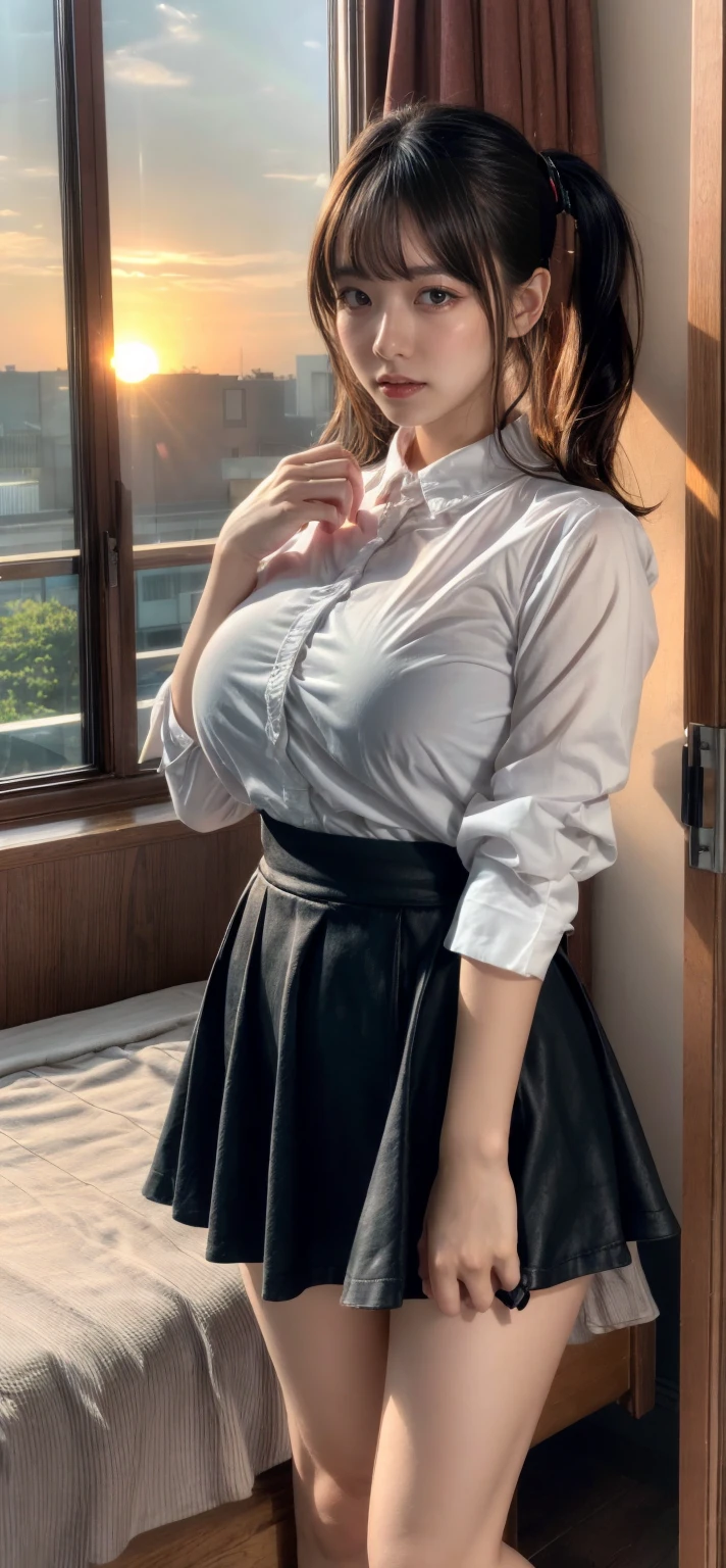 female sign, ((1 girl)), Ray tracing, (Dim lighting), (Detailed background (livingroom)), ((Silver hair)), ((Silver hair)), (Fluffy silver hair, plump and slender girl)) with high ponytail))) Avoid the golden eye in the sinister livingroom (((Girl in white shirt, black wrinkled skirt, with black transparent pantyhose), showing a delicate slim figure and graceful curves, perfect body shape, large breasts, Correct limbs, Hands behind the head, Hands behind the head, Eye details, Beautiful eyes, Delicate eyes, Protruding big