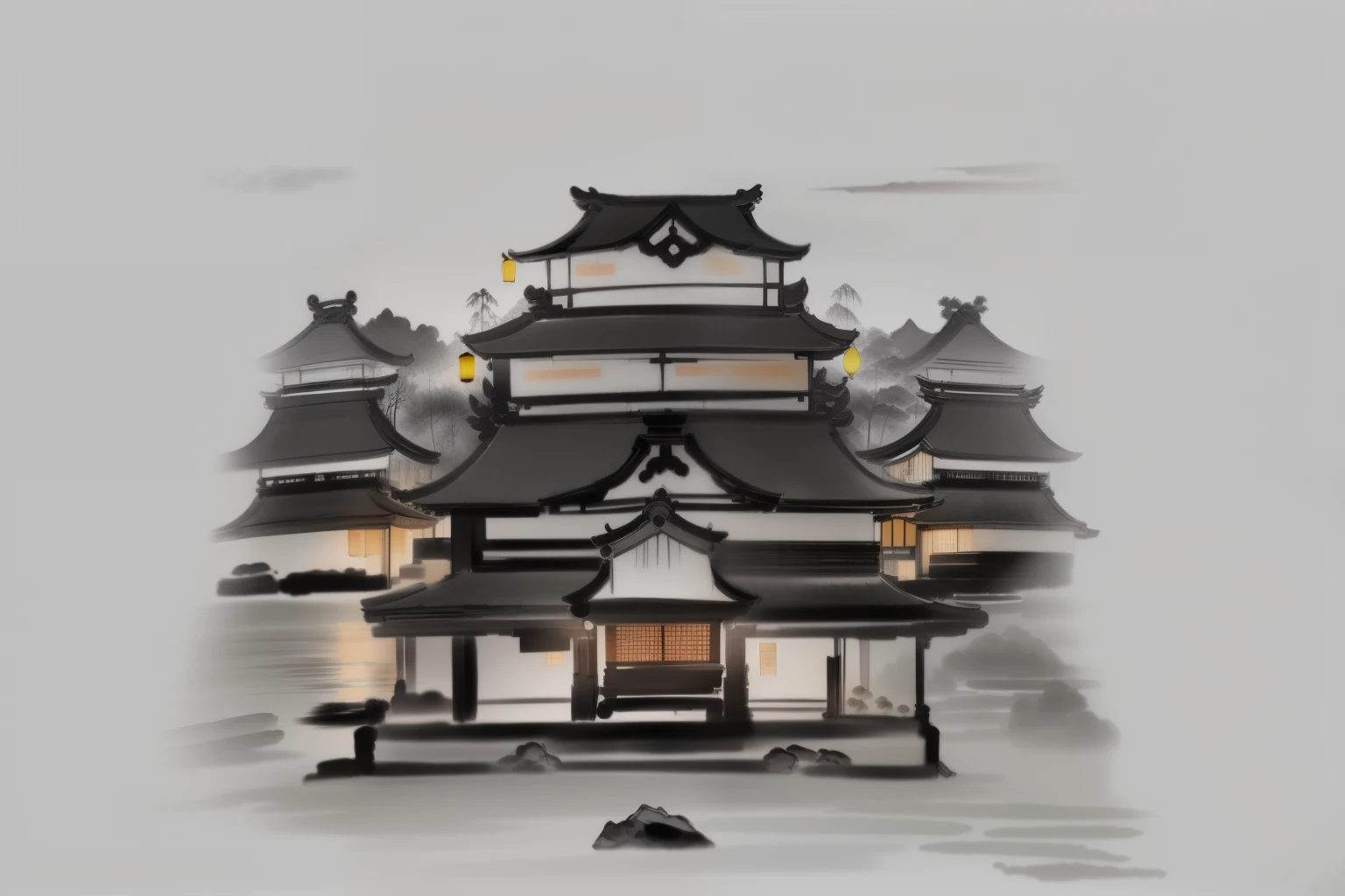 best quality, Japanese style, beautiful night scene, ryokan, lanterns, small pond nearby, ink painting style, outline light, atmosphere, depth of field, bamboo, pine trees, Japanese garden, flowing water, big full moon, (no color), B&W