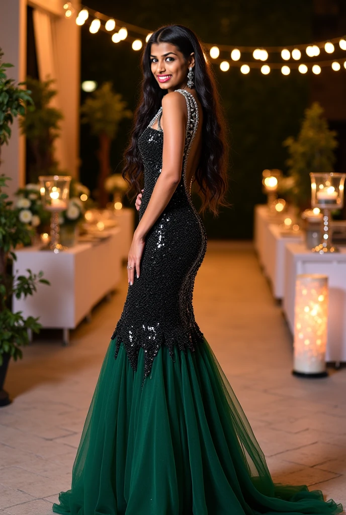 Full view walking down the stairs sourrounded by flowers wearing Turquoise mermaid dress with diamonds and rubies Caucasian-Hispanic mix women, with deep wave long curls smooth finish black hair with, blue-black, purple, and blonde combined together blue eyes, Instagram model, black makeup long lashes, big lips, red lipstick nose pierced 30k