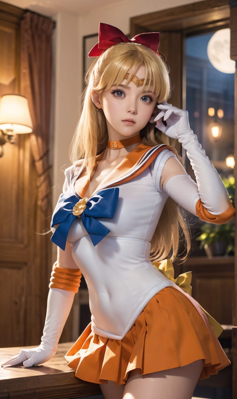 (Sailor Venus Minako Aino) best quality, Ultra high resolution, masterpiece, (Reality: 1.6), 16,000,, full body shot, life scene, masterpiece, best quality, high resolution, Venus 1, 1 girl, alone, sailor chiseki uniform, Sailor Venus, Minako Aino, blonde, Magic Girl, blue eyes, Orange skirt, elbow gloves, hat, pleated skirt, hair bow, orange sailor necklace, mini skirt, necklace, red bow, Orange necklace, white gloves, long hair, bijouterie, earring, hands on hips, Bent, lean forward, smiling, open your mouth