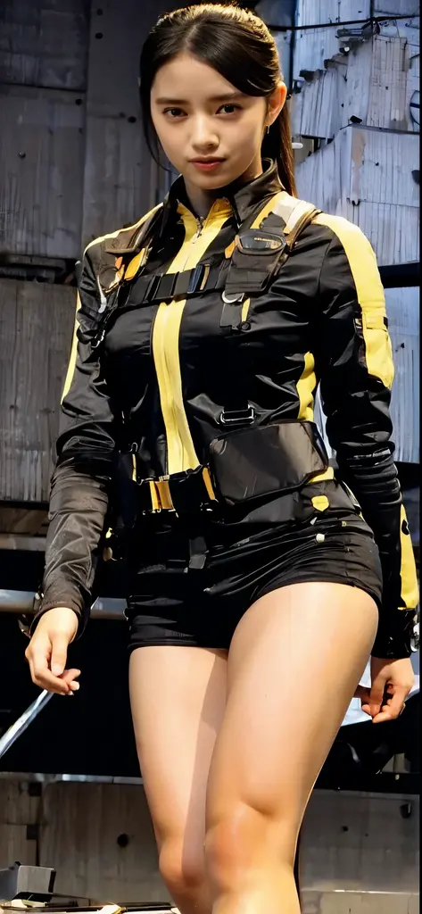 a woman in yellow holding a rifle and a gun, yellow battlefield theme, yellow overall, female full body, full body female, female lead character, full body shot hyperdetailed, katana zero video game character, elegant yellow skin, with yellow cloths, full body action pose, yellow space suit, yellow clothes, gta character, yellow skin