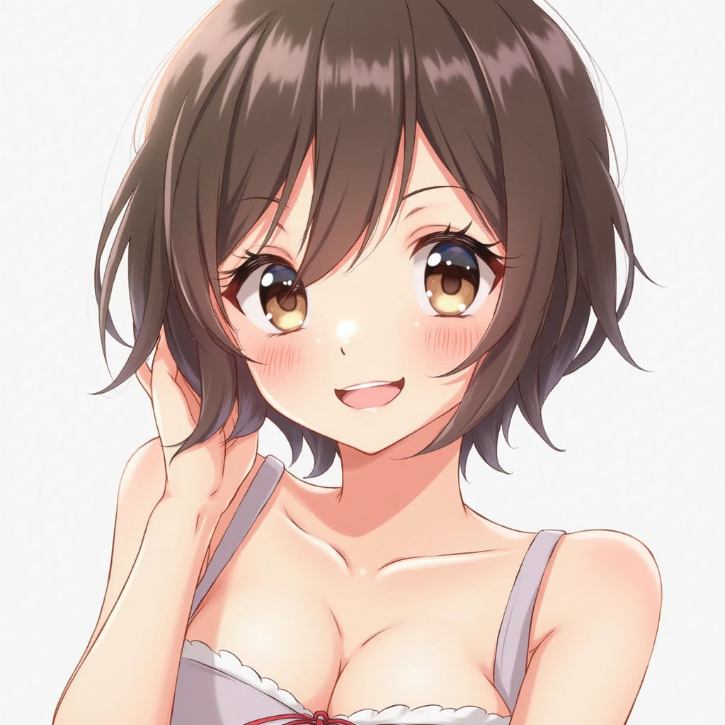(cofee_kizoku, anmi, tadano yukiko), brown hair, frilled bikinis, short hair, wavy hair, big smile, blush, middle breasts, simple background, best quality, ultra-detailed, long hair, alternative hair style, 3/4 body