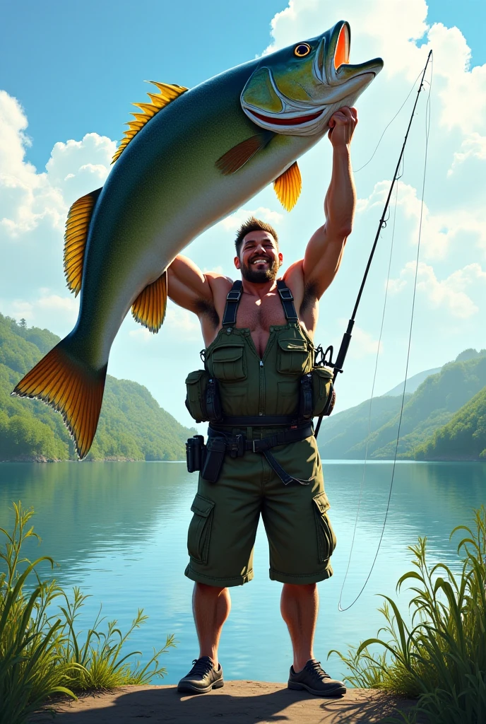 A strong man with a tan, a big fish caught, the dazzling summer sun, the blue sky,